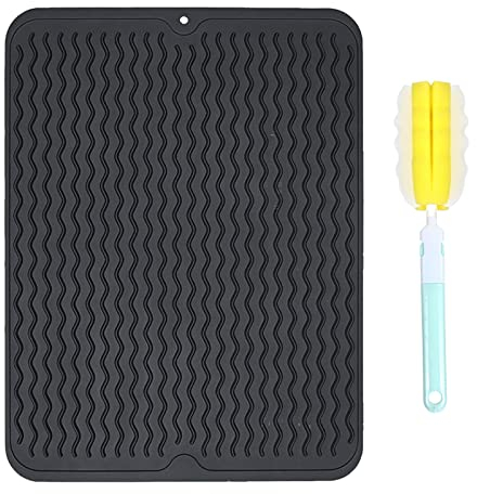 FOSER Abtropfmatte aus Silikon, 40cm×30cm Abtropfmatte für Geschirr mit Reinigungsbürste, Hitzebeständig, rutschfest und Geruchsneutral