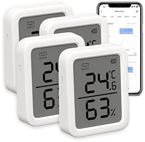 SwitchBot Indoor Thermometer Hygrometer 3 Pack, Indoor Temperature Humidity Sensor with Smart Alert & 68-Day Data Storage, 3In Bluetooth Room Thermometer (Meter Plus 4Pack)