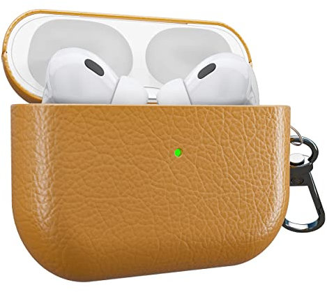 MyGadget Kunstleder Hülle kompatibel mit Apple Airpods Pro 2. Generation (2022) - Case [Qi kompatibel] - robuster & stoßfester Bumper mit Karabiner in Hell Braun