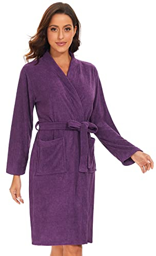 vislivin Leichter Bademantel Damen Frottee Bademantel Sauna Morgenmantel Knielanger Saunamantel Bathrobe Damen Lila M