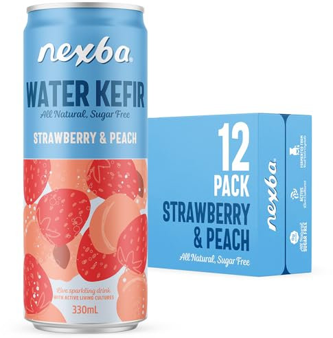 Nexba Strawberry & Peach Water Kefir 330 ml Slim Cans (Pack of 12) – All Natural, Sugar Free & Healthy Fruit‑Powered Probiotic Beverage
