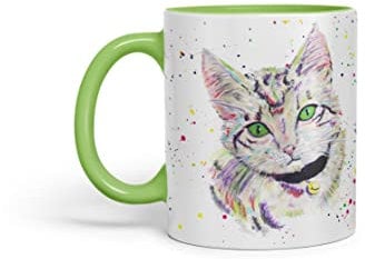 Vixar Cat Kitten Feline Pet Animals Watercolour Art Coloured Mug Cup Gift Birthday Work Office Tea Coffee (L Green)