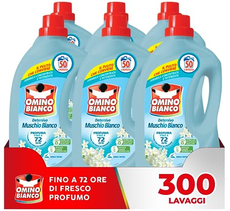 Omino Bianco - Flüssigwaschmittel, 300 Waschgänge, respektiert Farben und Stoffe, frischer Duft mit weißer Moschus-Essenz, 2000 ml x 6 Packungen
