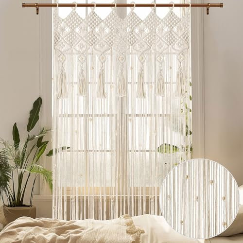 BECHAEO Rideau de perles en macramé de style bohème fait à la main pour porte, fenêtre, séparateur de pièce hippie avec perles à suspendre pour couloir, placard, chambre à coucher, salon, 1 panneau de