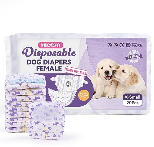 MICOOYO Einweg Hundewindeln für Hündinnen, Hundewindeln mit Einstellbare Schwanzöffnung, Windeln für Hündinnen Katzen Weiblich mit Nässeindikator(XS, 20 Stück)