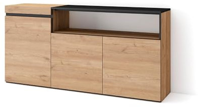 Skraut Home | Buffet Salon et Cuisine | Meuble de Rangement, Commode | 150x75x35cm | 3 Portes | Meuble Chaussure | Style Moderne | Chêne et Noir