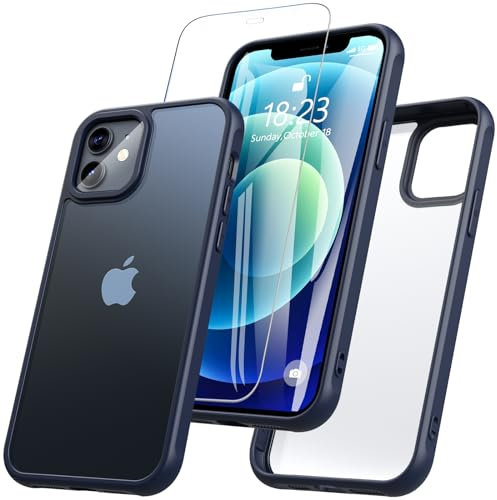 iPhone 12 Case with Tempered Glass Screen Protector, Shockproof Military Grade Drop, Translucent Matte Back Anti-Scratch Slim Cover Phone Case for iPhone 12 (Pro), Blue