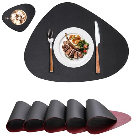 Platzsets Platzdeckchen Abwaschbar Rund,Tischsets rutschfest,Teller Untersetzer Rund,Tischset Lederoptik,Doppelseitigen Platzset und Untersetzer Teller 6er Set Oval(Schwarz&Rot)