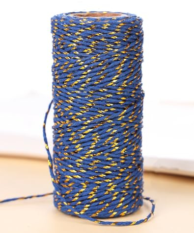 Spago in cotone, 50 m, colore blu, oro, 1,5 mm, per fai da te, confezioni regalo, decorazione natalizia