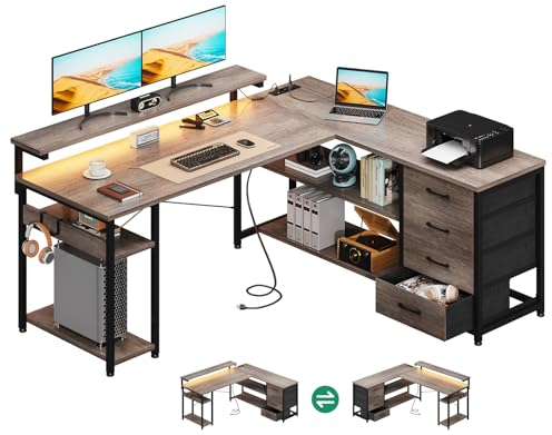 ODK Schreibtisch mit Schubladen, 135×110cm Reversible Eckschreibtisch mit 2 Steckdosen und 2 USB Ladeanschluss, Bürotisch L Form mit LED für Home Office, Graueiche