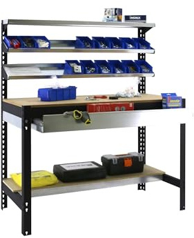 Simon Rack Arbeitstisch, Werkbank 1445x1210x610 mm, 600 kg Belastbarkeit, 1 Schublade mit Teleskopschienen, 3 obere Regalböden, Große Arbeitsfläche, Holz-Arbeitsplatte, Anthrazit/Holz – Simonwork