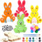 FGen 10 Stück Hasen aus Holz zum Bemalen, Deko-Set für Osterhasen, bunte Pompons, große Augen, Bastelset für Kinder, Frühling für Ostern