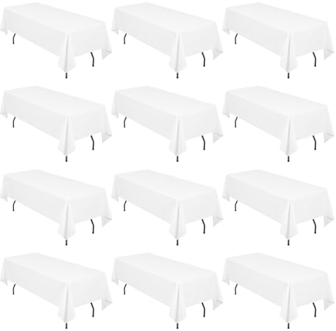 Lot de 12 Nappes Rectangulaires de Polyester 153 x 260 cm, Blanche Nappe de Table de Qualité de 1,8 m, Résistant aux Taches et aux Rides Lavable Décoratif Nappe pour Banquet de Mariage Fête