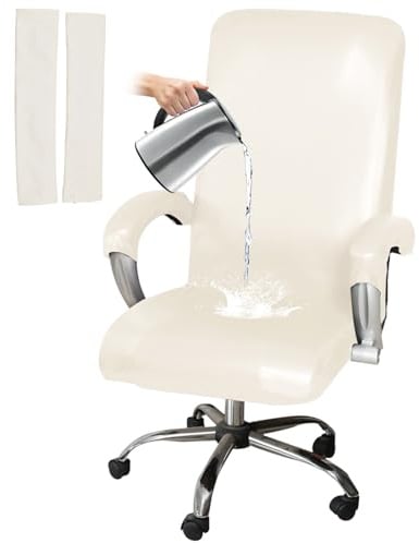 HOMECOVER Stretch Bürostuhl Bezug Wasserdicht-Weiß-Mittel | Universal PU Leder Schwenkbare Abnehmbar Computerstuhl Bezug Mit Armlehnenbezüge