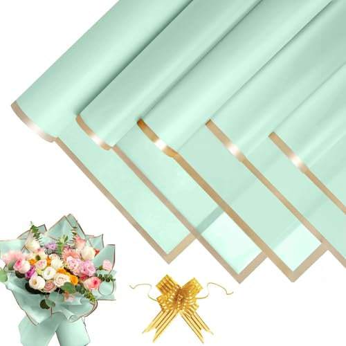 20 Blatt Blumenstrauß Geschenkpapier - Wasserdicht Wrapping Paper, Blumen Papier mit Band, Blumenpapier für Geschenkverpackungen, Blumen, Kunst und Handwerk (Grün, 58x58cm)