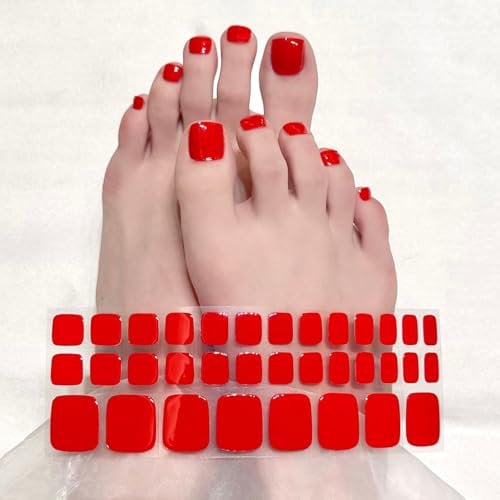 Semi Cured Gel Nails Strips for Toe, Maggidea 34 Stickers Glitter Toe Nails Wraps Soft Self-Adhesive Gel Nail Stickers for Toenails UV/LED Lamp Required (16-Red)