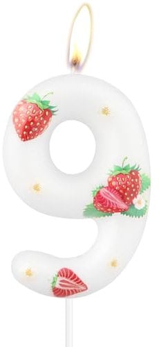 Pink Strawberry Birthday Candles, Cute Strawberry Birthday Number 9 Candles for Cake, Red Strawberry Candles Cake Topper for Baby Girls 9th Birthday Decorations Party Supplies