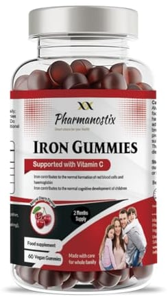 Pharmanostix Iron & Vitamin C Vegan Gummies - 60 Natural Cherry Flavour Gummies -Tasty Alternative to Iron Tablets -for Men, Women and Kids - Supports Cognitive Development & Red Blood Cell Formation