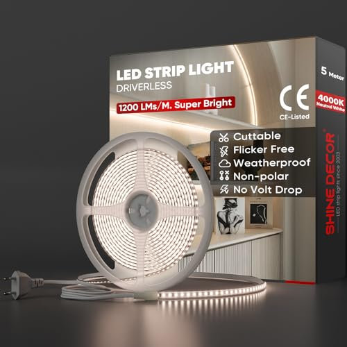 Shine Decor LED Streifen 5m, AC 220V 230V IP65 Wasserdicht LED Band, SMD 2835 120 leds/m Ultrahohe Helligkeit Lichtleiste für Home Decoration Küche Garten LED Beleuchtung (5M, Neutralweiß)