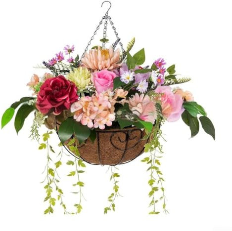 Vilgftyiet Cestas colgantes artificiales con flores, para interiores y exteriores, flores de seda, cadena colgante, maceta falsa, flores artificiales (E)