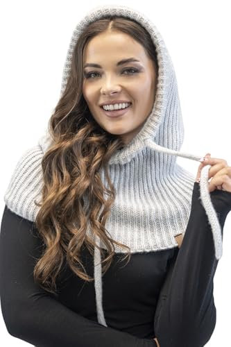 VIVISENCE Schalmütze Kapuzen Schal Für Damen Kombination Aus Stilvolle Mütze Und Loop-Schal Mit Balaclava Verstellbarem Kordelzug Aus Weicher Lammwolle Und Baumwolle Winter, Hellgrau,Einheitsgröße