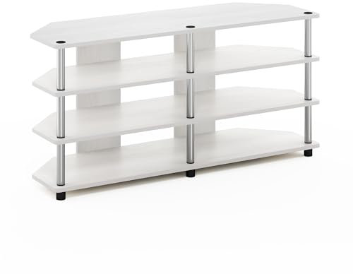 Furinno Econ Meuble TV d'angle à 4 Niveaux à Assemblage Facile pour Téléviseur jusqu'à 55 Pouces, Chêne Blanc/Acier Inoxydable