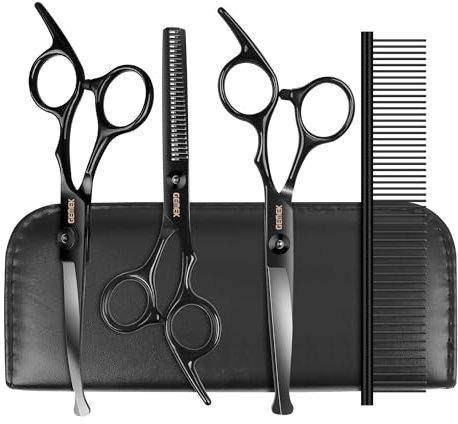 GEMEK Pet Cat Dog Grooming Scissors Set 4 Stück Edelstahl Professional Pet Trimmer Kit - 7,5 Zoll gerade Schere, Ausdünnung Schere, gebogene Schere, Grooming Kämme (Schwarz 5 in 1)