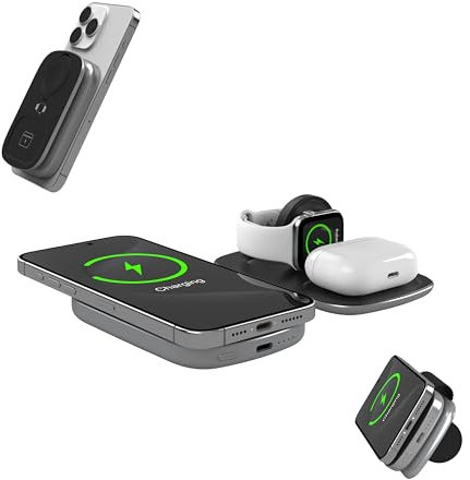 Teton 3 in 1 Wireless Charger with 5000mAh Power Bank,15W Qi2 Foldable Wireless Charging Station for Multiple Devices,Magsafe Travel Charger Stand for iPhone 16/15/14/13 Apple Watch & Airpods