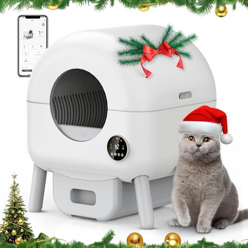 Litière autonettoyante – Litière pour chat, Bac à litière automatique de 105 l pour plusieurs chats, 1 rouleau de sacs poubelle et tapis inclus, contrôle par application, petit blanc