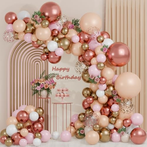 Decoration Anniversaire Fille Arche Ballon Rose Gold Kit, 114 Pcs Helium Ballons Blanc Beige Rouge, Ballon Confettis Rosegold pour Ballons Anniversaire, Arche Mariage, Baby Shower, Anniversaire 1 An