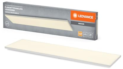 LEDVANCE Planon Frameless Deckenleuchte in Weiß mit fortschrittlicher LED-Technik, 40 W, rechteckige Form (1200 x 300 mm), warmweiße Lichtfarbe bei 3000 K, Aluminium-Gehäuse, mattierter PMMA-Diffuser