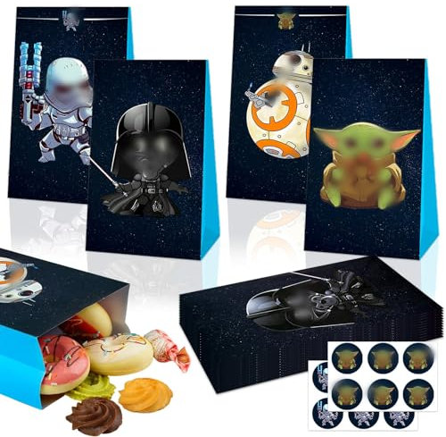 Geschenktüten Star Krieg- 12Pcs Sterne Wars Papiertüten 12 Aufkleber Sticker Kinder Party Geschenktüte Mitgebsel Kindergeburtstag Candy Bar Süßigkeiten Tüten Geschenken Giveaways Party Bags Supplies