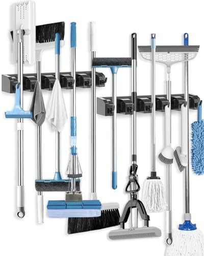 AceMining Besenhalterung Wand, 5 Halter + 6 Haken Gerätehalter, Gartengerätehalter, ABS Kunststoff Besenhalter, Dicker Langlebiger Mopp Wandhalterung für Zuhause Küche Garage (Schwarz 2 Pack)