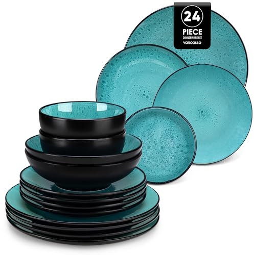 vancasso Service de Table pour 6 Personnes, Service Vaisselle 24 Pièces en Grès - 6 Assiettes Plates, 6 Assiettes à Dessert, 6 Assiettes Creuses et 6 Bols - Glaçure Vert, Compatible Micro-Ondes