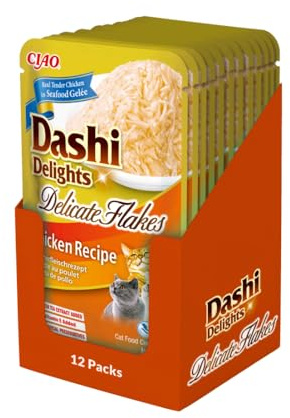 INABA Dashi Delights Delicate Flakes, Wet Food for Cats with Chicken, Flakes in Fish Broth, Rich in Protein, Natural Ingredients, Value Pack, 12 Packs of 40g