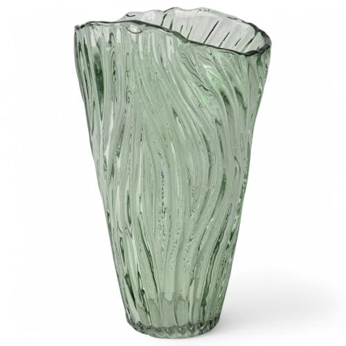 MIJOMA Vase en verre recyclé FSC, fabriqué à la main, décoratif, 16 x 9 x 25 cm, vert, design ondulé pour une décoration élégante, durable et élégant