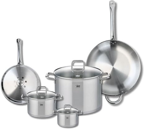 ELO 9506550 Batterie de cuisine 5 pièces, Ensemble de 2 Poêles de cuisson 24 et 32 cm et 3 faitouts 12, 16 et 26 cm Elo Profi Citrin, inox, induction, Gris Plomb