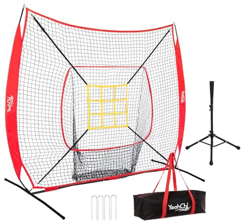 YeahChi 7x7 Ft Baseball and Softball Training Net with Batting Tee, Strike Zone Target, Portable Hitting and Pitching Practice Set (Red)