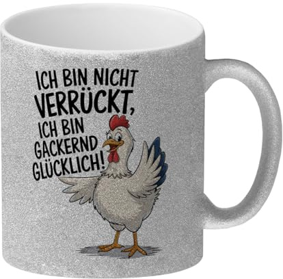 Fröhliches Huhn Gackernd Glücklich Glitzer-Kaffeebecher Humorvolle Tasse fürs Büro - lustiger Spruch