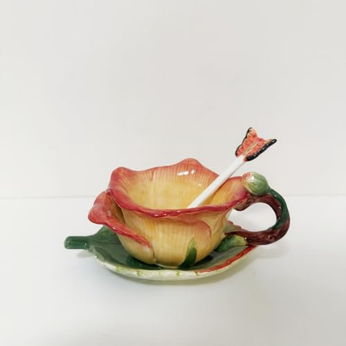 Minigift Ceramic Tea Cup and Saucer Set ，6OZ 3D Hand-Painted Flower and Lotus Leaf Coffee Mug，Gift for Women- Yellow Rose