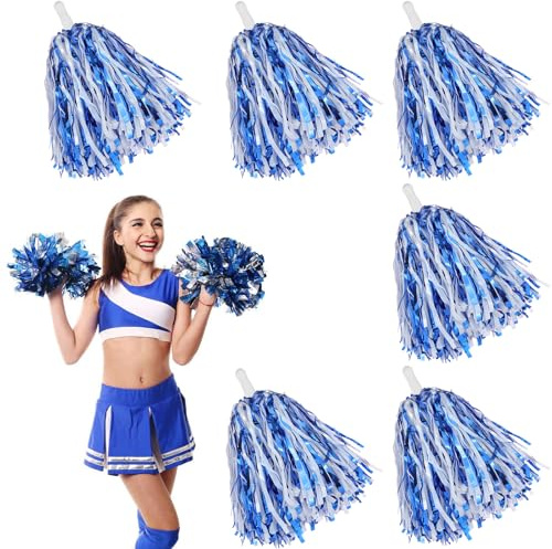 6 Stücke Cheerleading Pom Poms, Cheerleader Pompons Sportpompons Cheers Ball Pompoms für Sportveranstaltungen Ballspiele Tänze Karnevalspartys Verwendet, Blau und Weiß