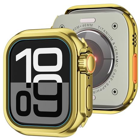 Quirxio Caja de reloj de aleación para Apple Watch Case Ultra 2 49mm Case Series S10 46mm S9 S8 S7 S6 S5 S4 SE 44MM 45MM Protector Marco Cubierta Caja de parachoques de metal(Bright gold,44MM)