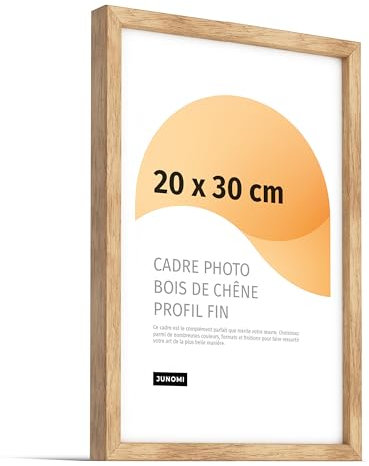 JUNOMI® Premium Bilderrahmen 20 x 30 cm aus Eiche mit bruchsicherem Acryl-Glas | Vertikale & horizontale Aufhängung, Tischaufsteller | Schmales Profil