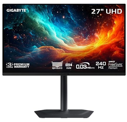 GIGABYTE - MO27U2-27 QD-OLED Gaming Monitor - UHD 3840x2160-240Hz - 0.03ms GTG - AMD FreeSync Premium Pro, G-SYNC Compatible - Type C KVM - HDMI, DP, Type-C - Height and Tilt Adjustable - Black