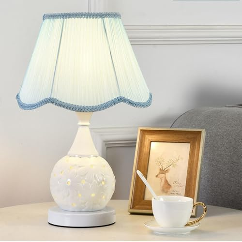 Mengjay Tischlampe Retro Keramik,E27 Tischleuchte Deko Wohnzimmer,Vintage Nachttischlampe mit Stoff Lampenschirm,Schreibtischlampe Schlafzimmer Kinderzimmer Büro Deko (Blau)