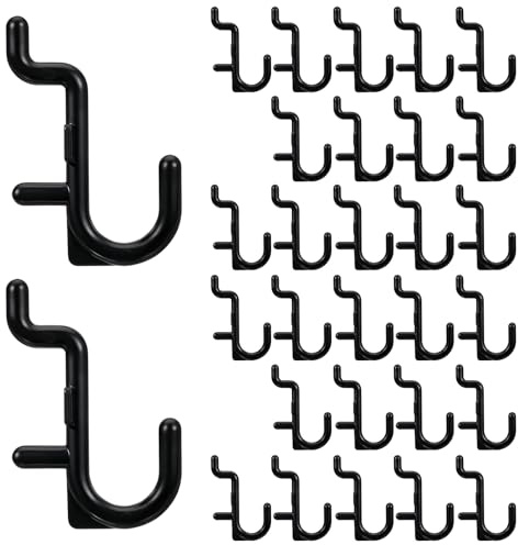 PEOVLVN 30 Pcs J Hooks for Hanging, 1/4 Pegboard Hooks Plastic Peg Board Storage Hangers Wall Display Assortment for Hanging Tools Jewelry Necklaces Keys Accessories Organizer (Black)