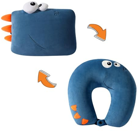 RNPKZ Nackenkissen Kinder, 2 in 1 Verformbares Reisekissen Kinder, Dinosaurier Nackenhörnchen, Doppelseitige Verwendung, Weiches U Memory-Schaum für Jungen, Mädchen, Teenager, Erwachsene, Reisen, Auto