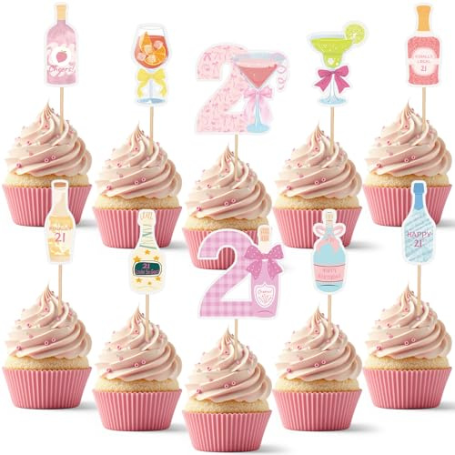 Hahafelt 30 Kit Happy 21st Birthday Cupcake Toppers, Twenty One Cupcake Picks Cheers to 21 Years Old Pink Champagne Wine Bottle 21st Birthday Decorations for Anniversary Party
