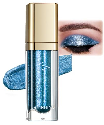 Glitzer Lidschatten Flüssiger, Metallic Blau Liquid Eyeshadow, Langanhaltende & Wasserfest Liquid Eyeliner mit Feinem Funkeln, Schnell Trocknend Glitter Lidschatten, Glattes Schimmer Augen Make Up