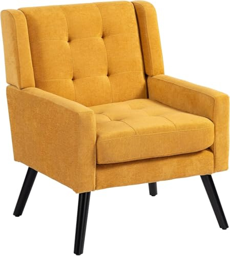 Koaris Chesterfield Sessel Midcentury – Hohe Knopfgepolsterte Rückenlehne aus Gelb Leinen, Gemütlicher Lounge- und Lesesessel mit Massivholzbeinen für Wohnzimmer & kleine Räume